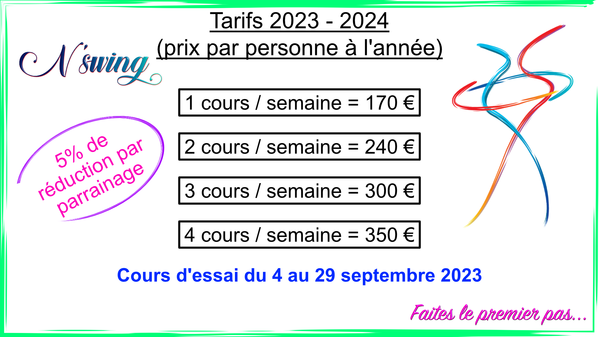Tarifs planning n'swing - lindy hop, west coast swing, acrobaties